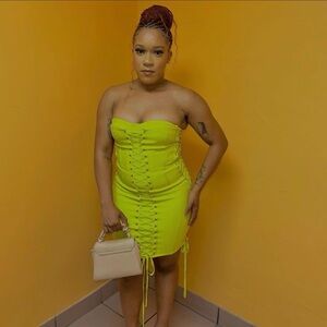 Fashion Nova Neon Green Strapless Lace-Up Dress